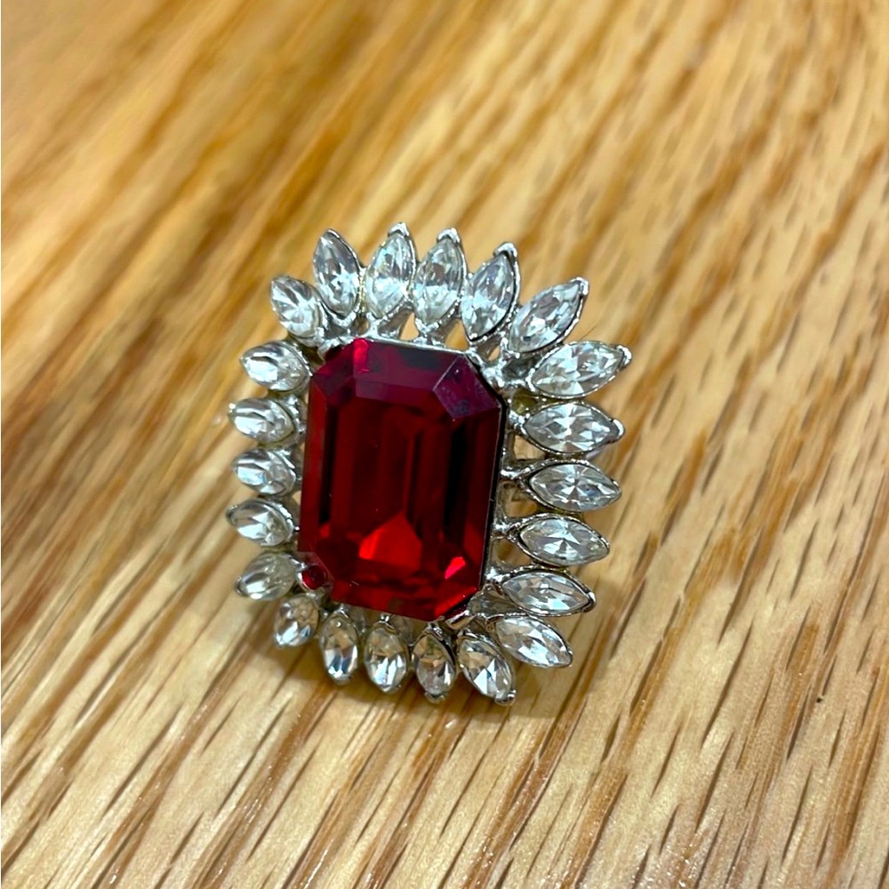 Kenneth Jay Lane Rhodium and Ruby Crystal Rhinestone Ring